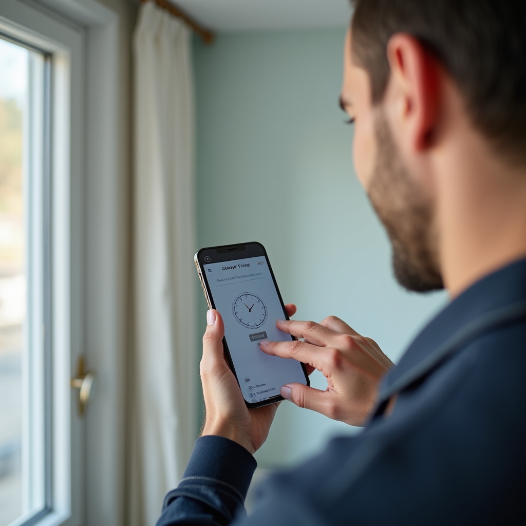 Tehnician notând durata unei intervenții de mentenanță pe o aplicație mobilă